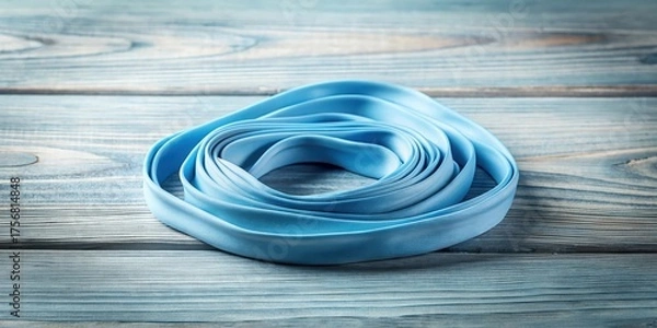 Fototapeta A coil of light blue fabric ribbon rests on a rustic wooden surface
