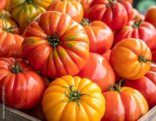 Obraz Close-up of a pile of fresh, ripe, colorful heirloom tomatoes