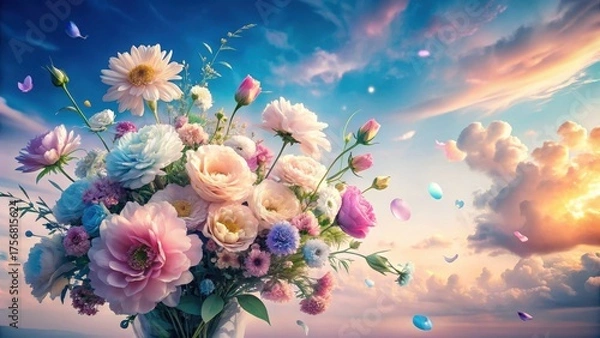 Fototapeta A vibrant bouquet of pastel blossoms floats against a breathtaking sunset sky, petals gently falling like confetti, creating a dreamy and serene atmosphere.