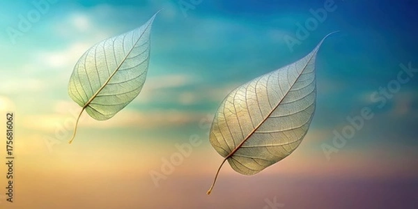 Fototapeta Two Delicate Skeleton Leaves Drifting on a Serene Pastel Sky at Sunset