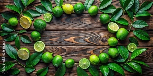 Fototapeta A vibrant arrangement of whole and sliced limes, encircled by lush green leaves, artfully displayed on a rustic wooden surface.