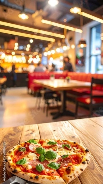 Fototapeta Close-up of a pizza on a wooden table with a blurred restaurant background
