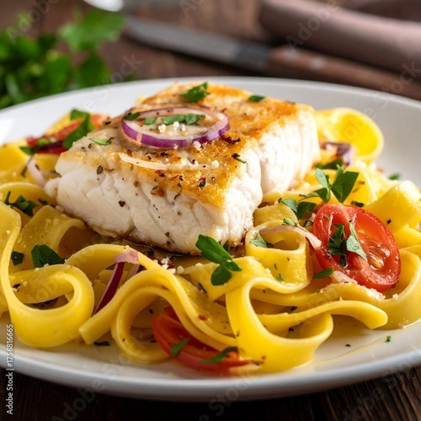 Fototapeta Close-up of a plate of pasta topped with fish and fresh vegetables