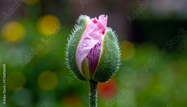 Fototapeta Close-up of a poppy bud opening, revealing pink petals, bokeh background