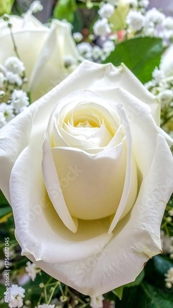 Fototapeta Close-up of a pristine white rose bloom surrounded by delicate baby's breath