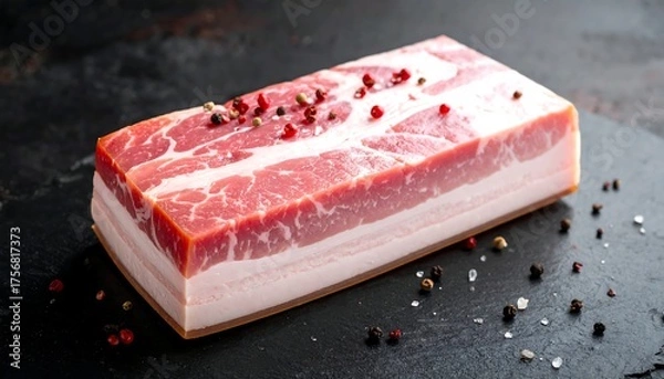 Fototapeta Close-up of a rectangular slab of cured pork belly with peppercorns