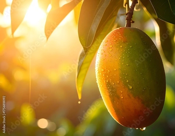 Fototapeta Close-up of a ripe mango with water droplets illuminated by sunlight