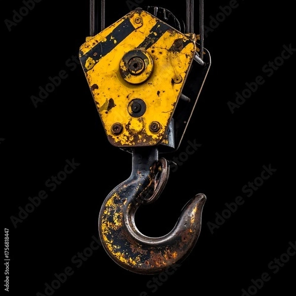 Fototapeta Close-up of a rusty, yellow crane hook against a black background