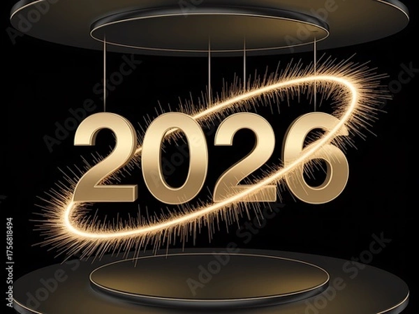 Fototapeta Celebrate the arrival of the new year with this stunning golden 2026 display featuring sparkling fireworks and elegant platforms