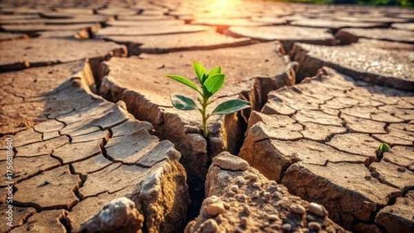 Fototapeta A resilient seedling bravely pushing through cracked, arid earth, symbolizing hope and perseverance in the face of environmental challenges.