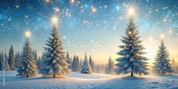 Fototapeta Enchanted Winter Forest at Sunrise Snow-Covered Evergreens Glimmering Under a Starlit Sky