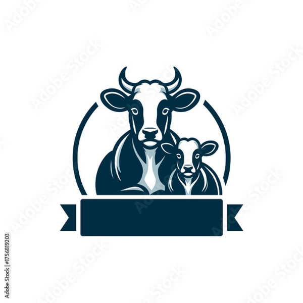 Fototapeta Stylized Cow and Calf Illustration with Ribbon Banner in Blue Tones