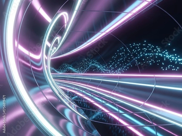 Fototapeta Abstract Digital Futuristic Tunnel With Glowing Neon Lights And Particles Creating A Sense Of Speed And Motion In A Virtual Reality Environment
