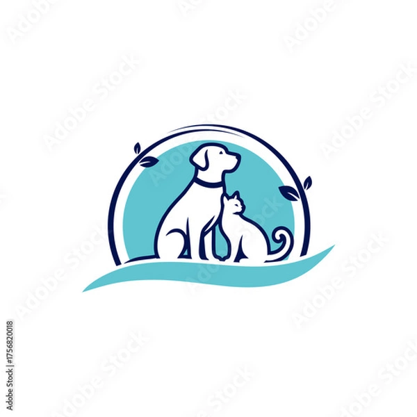 Obraz Stylized Dog and Cat Logo with Blue Circle and Wave Design