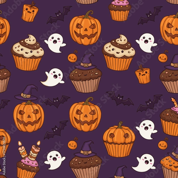 Fototapeta Halloween-themed pattern with pumpkins, cupcakes, and ghosts  