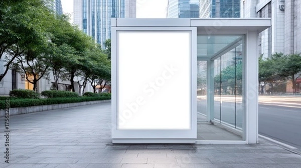 Fototapeta Urban bus stop with modern design featuring large blank advertising panel, surrounded by greenery and city buildings, ideal for promotional mock up and advertising concepts