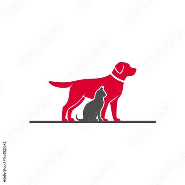 Obraz Stylized Red Dog and Gray Cat Silhouette Graphic on Gray Line