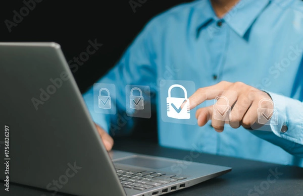 Fototapeta Cyber security and data protection, businessman using laptop internet network security, protect business and financial transaction data from cyber attack, user private data security encryption.