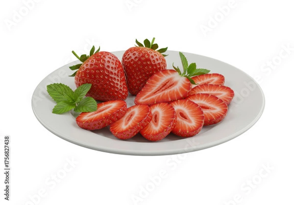 Obraz Vibrant red whole & fanned sliced fresh strawberries, delicate mint leaves, on white ceramic plate, isolated transparent background, high-key studio lighting, close-up, sharp focus, concept of premium