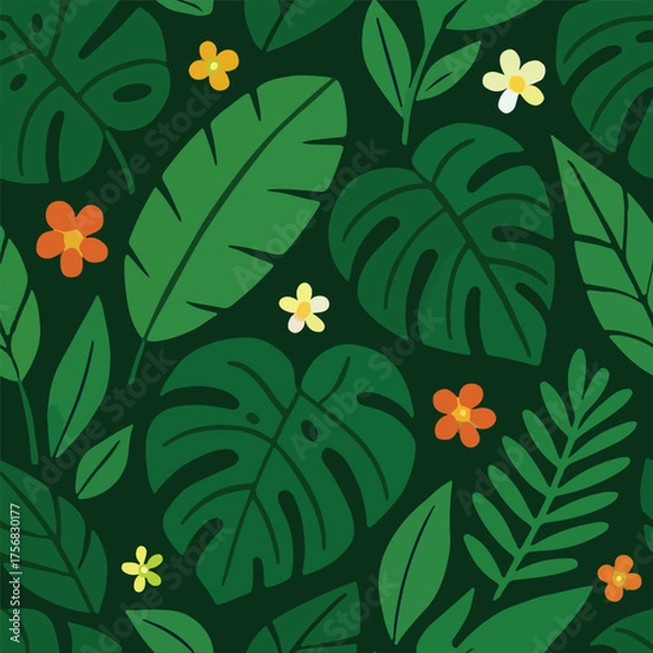 Fototapeta Tropical Forest Seamless Pattern with Monstera and Flowers