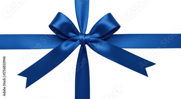 Obraz Pristine sapphire blue satin ribbon tied into an elegant, symmetrical bow with crisp edges and flowing tails, isolated on a seamless transparent background, commercial luxury product concept