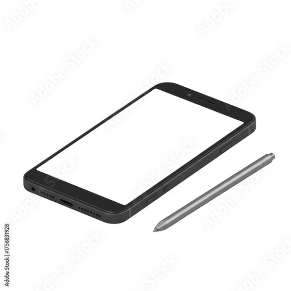 Obraz Close-up of a matte black modern smartphone with a transparent blank screen and silver stylus on a transparent studio background, modern technology elegance