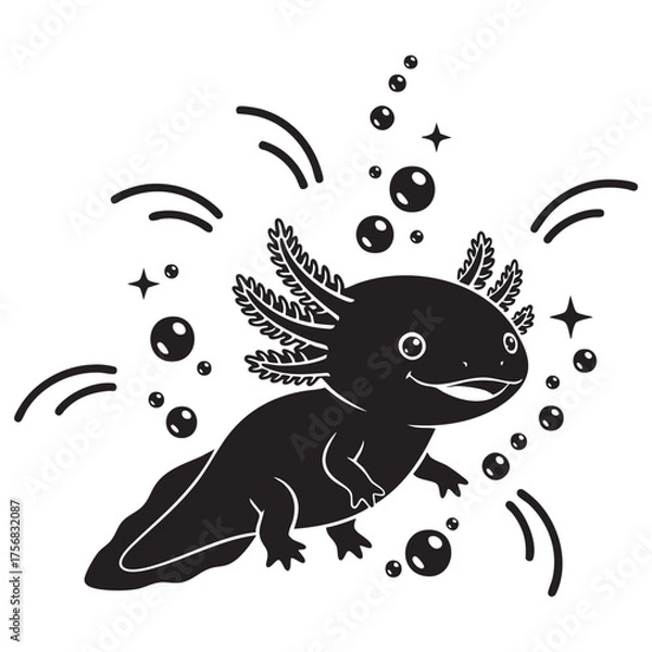 Fototapeta  Happy Axolotl Silhouette with Bubbles and Sparkles - Cute Aquatic Design