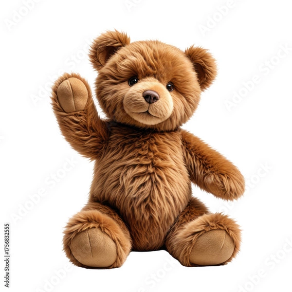 Obraz Cute, fluffy teddy bear sitting with paw raised in a friendly greeting