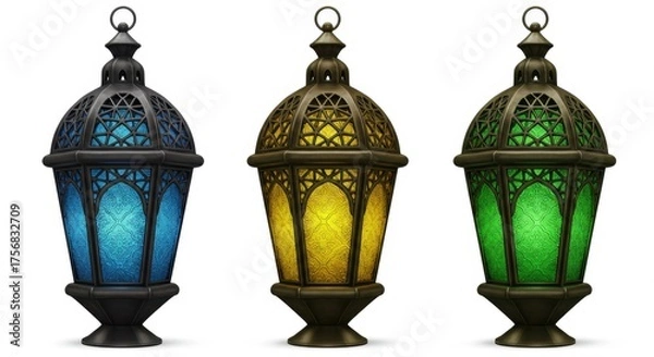 Fototapeta Ramadan lanterns with blue, yellow, and green light isolated on a white background. Festive design.