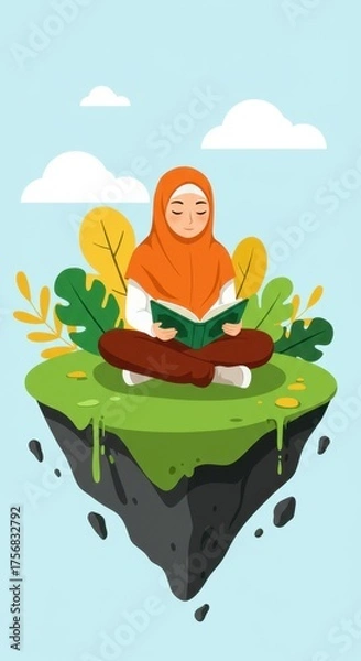 Fototapeta Muslim woman in hijab reading a book, sitting cross legged on a floating island with plants.