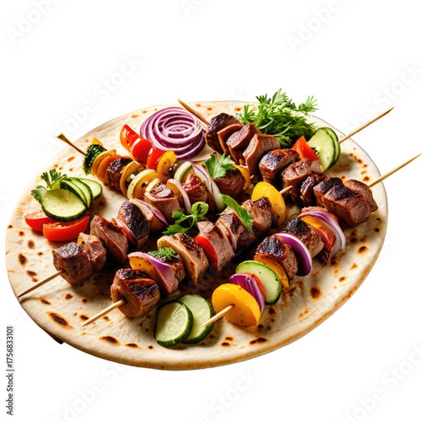Obraz Grilled skewers with meat and veggies on flatbread, garnished well