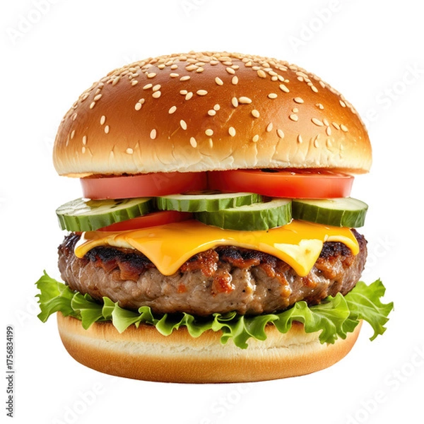 Obraz Delicious burger layered with fresh ingredients on a sesame seed bun