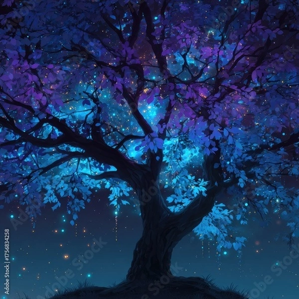 Fototapeta Digital painting of a luminous tree silhouetted against a night sky filled with celestial light