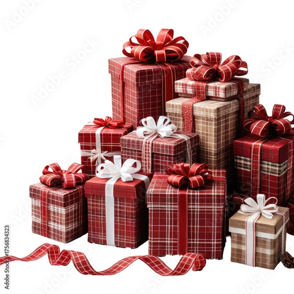 Obraz Stacked presents wrapped in festive paper and ribbons
