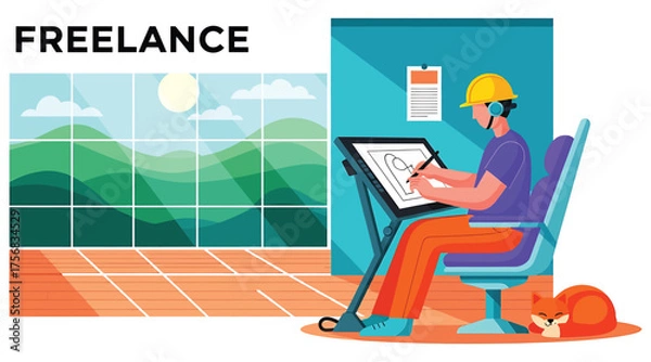 Fototapeta Vector art of a freelance artist is working on a digital drawing with his cat sleeping nearby, enjoying the creative process and the flexibility of remote work