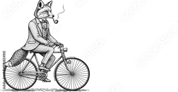 Fototapeta Vintage Engraved Fox Gentleman Riding Bicycle with Smoking Pipe Vector Illustration