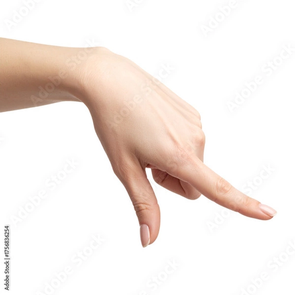 Fototapeta PNG of a hand pointing downwards, isolated on a transparent background. Perfect for navigation, guidance, instructions, and web or graphic design projects