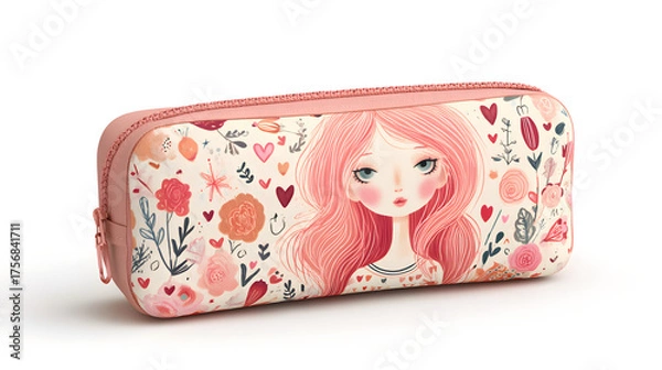 Fototapeta Stylish girlish pencil case on white background, bokeh.