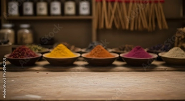 Obraz A vibrant display of colorful spices in small bowls arranged on a wooden surface for commercial usage and mockups