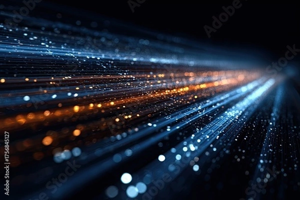 Fototapeta Abstract rendering of light rays and particles, with orange and blue hues against a dark background