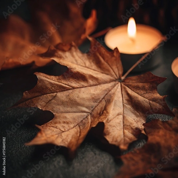 Obraz Warm glowing candle light illuminates a textured brown autumn maple leaf close up