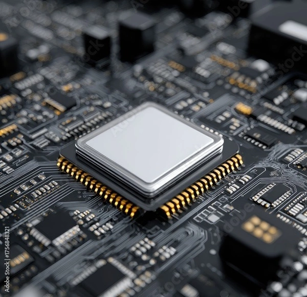 Fototapeta Close-up view of a central processing unit (CPU) on a circuit board, intricate details