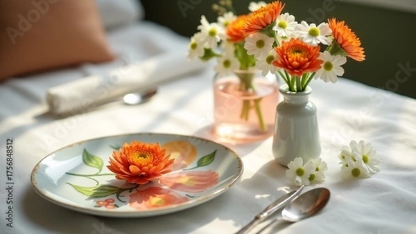 Fototapeta Elegant Table Setting With Orange Flowers