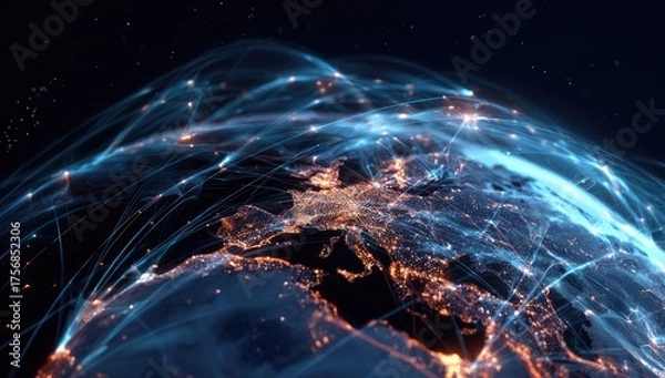 Fototapeta Digital representation of global connections and data flow around an illuminated world