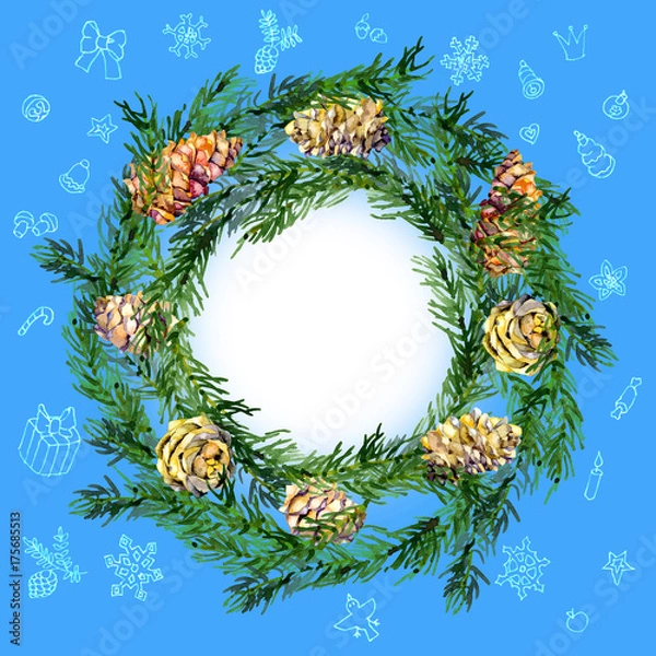 Fototapeta Spruce, coniferous, vegetative, festive wreath with autumn leaves and cones. Watercolor. Illustration