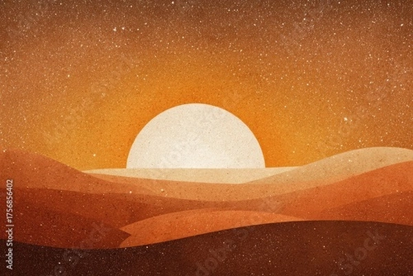 Fototapeta An abstract desert landscape with an orange sun setting. Stars dot the sky. Layers of land