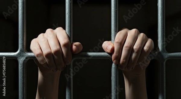 Fototapeta Desperate Hands Clinging to Prison Bars in Stark, Dramatic Lighting