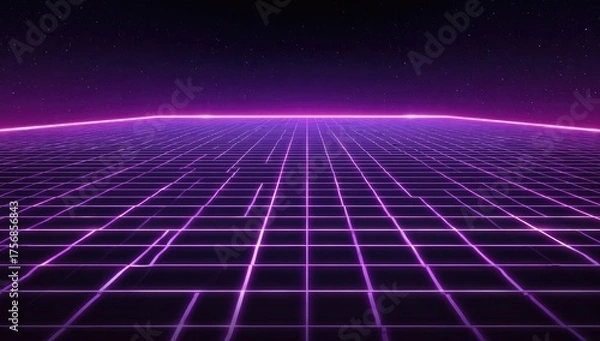 Obraz A futuristic, neon grid stretches into the distance under a starry purple sky, reminiscent of the 80s