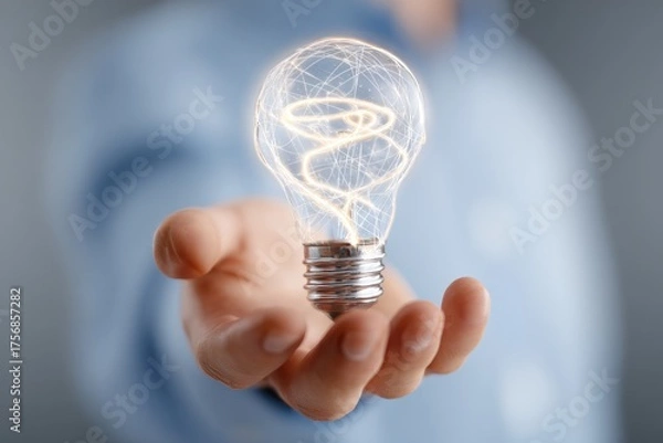 Fototapeta Close-up of a hand holding a glowing lightbulb against a blurred background, representing an idea