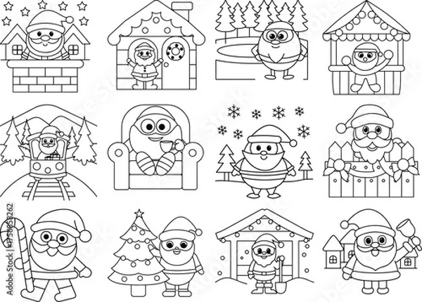 Fototapeta Assortment of Christmas Line Art Drawings with Santa Claus in Different Scenarios Including Houses Trains and Trees